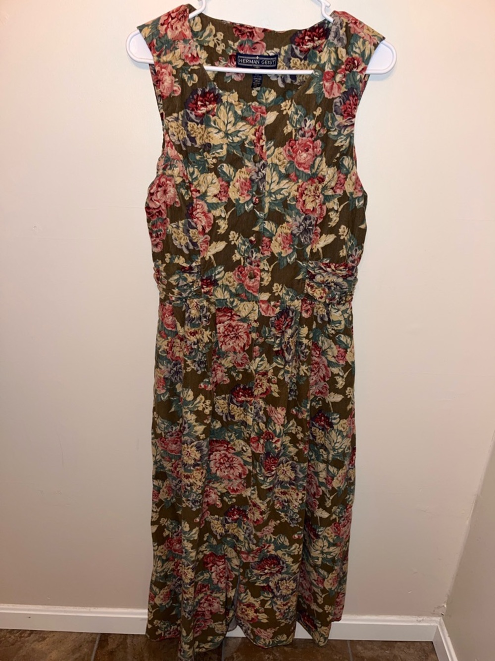 Herman Geist Floral Corduroy Sleeveless Dress Button Down Size 12 Cottagecore